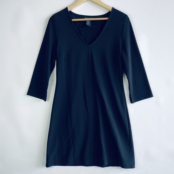 Boston Proper Black Stretch 1/2 Sleeve Knee Dress A-Line Womens Sz Medium Petite - Picture 1 of 7